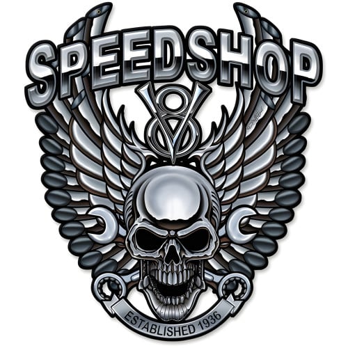 Speedshop Wrench Pipe Skull Metal Sign - 14" x 16"