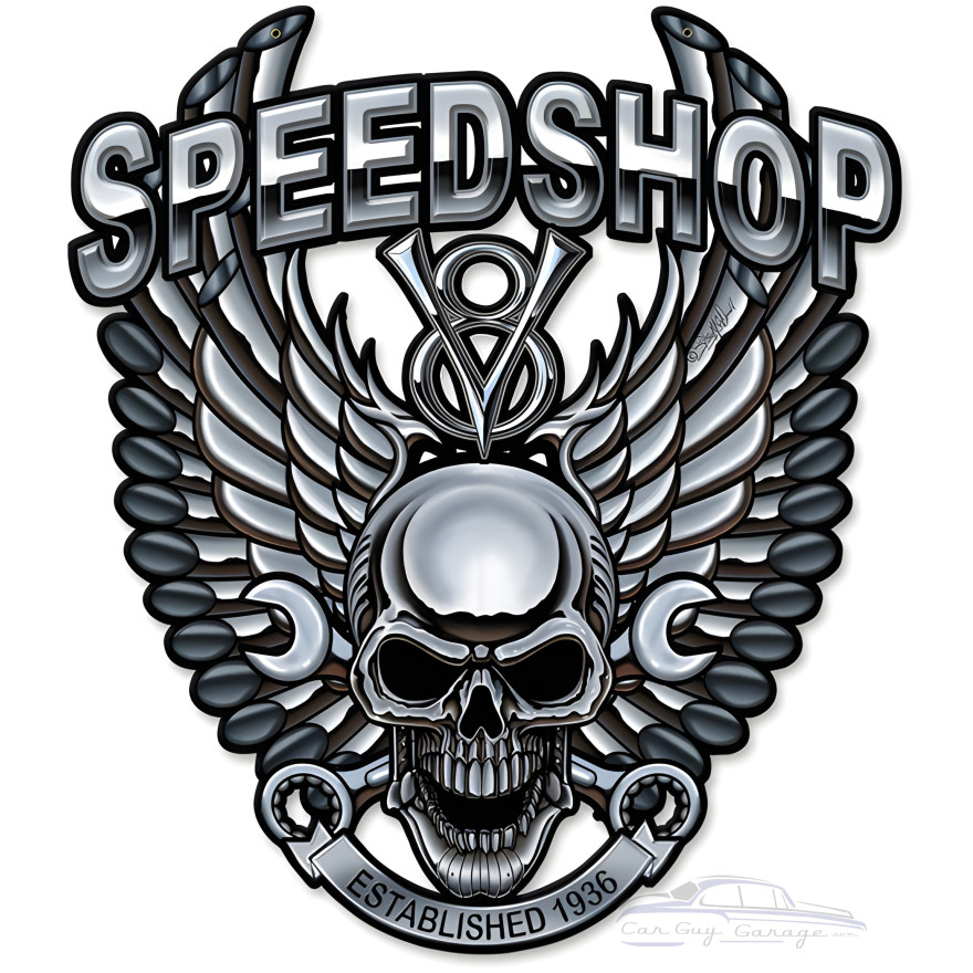 Speedshop Wrench Pipe Skull Metal Sign - 14" x 16"