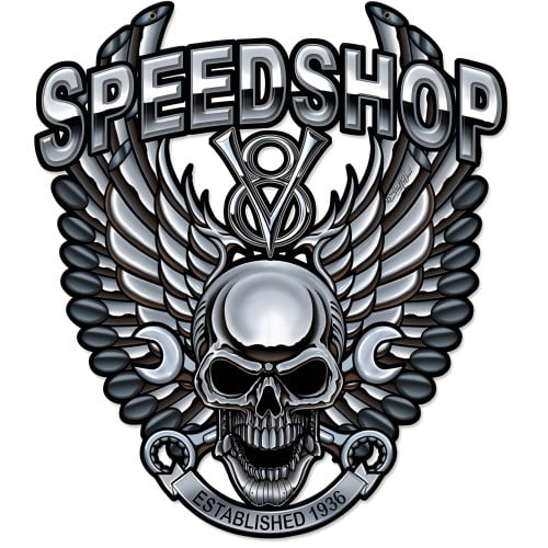 Speedshop Wrench Pipe Skull Metal Sign - 24" x 27"