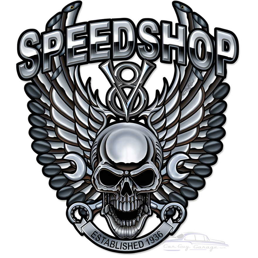 Speedshop Wrench Pipe Skull Metal Sign - 24" x 27"