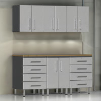 Silver Modular 7-Piece Garage Storage Cabinet Set with Bamboo Worktop