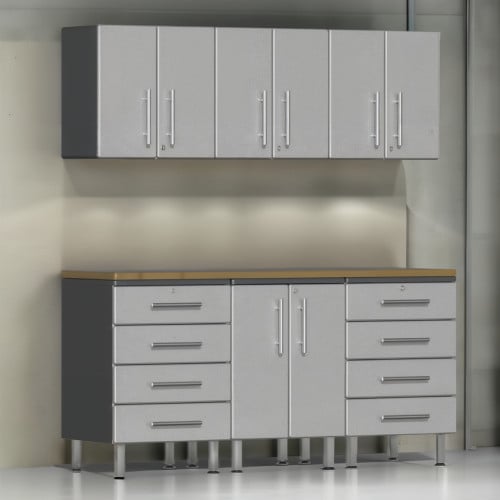 Silver Modular 7 Piece Garage Cabinet Kit with Bamboo Worktop
