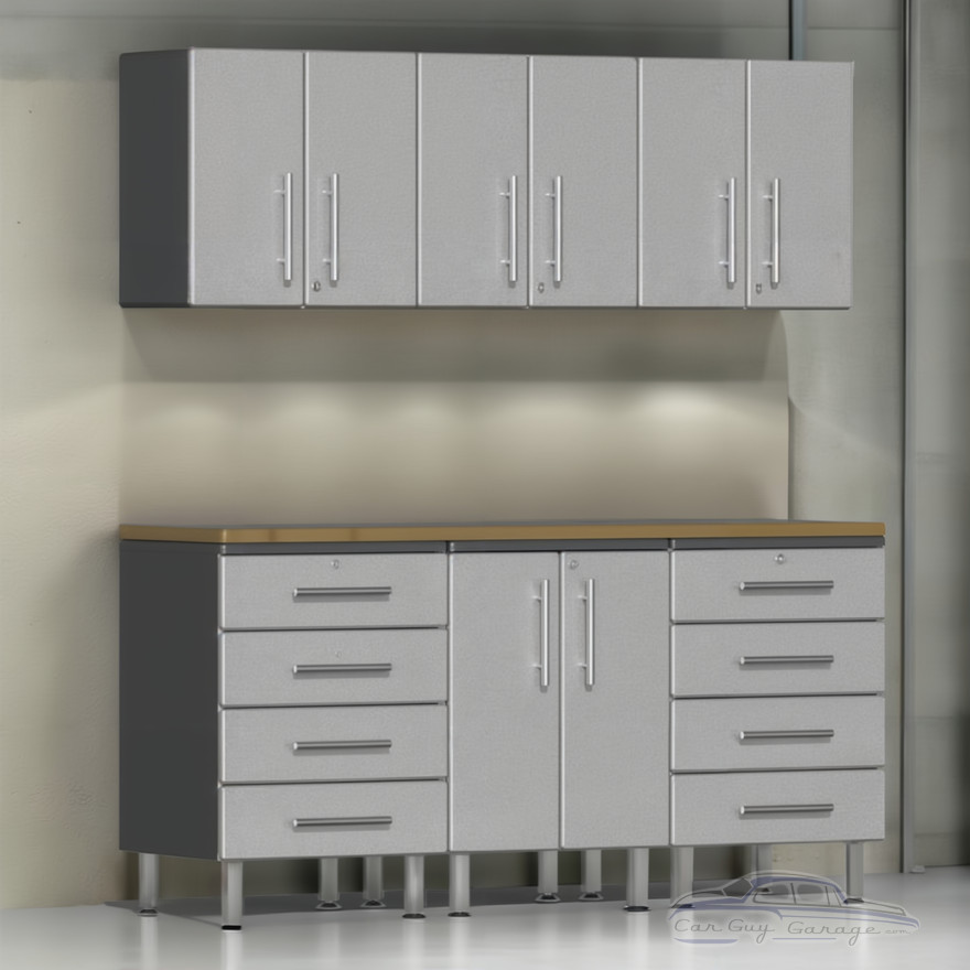 Silver Modular 7 Piece Garage Cabinet Kit with Bamboo Worktop Silver Modular 7 Piece Garage Cabinet Kit with Bamboo Worktop