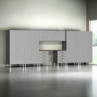 Silver Modular 10-Piece Garage Cabinet Set with Bamboo Workbench Top
