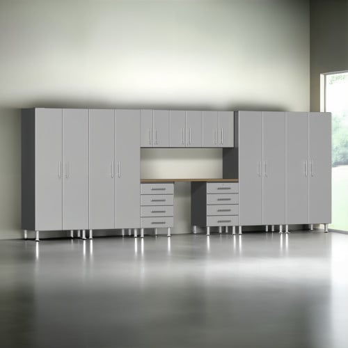 Silver Modular 10 Piece Garage Cabinet Kit with Bamboo Worktop