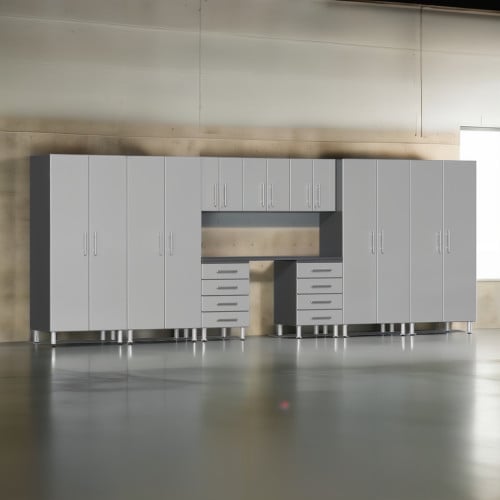 Silver Modular 10 Piece Garage Cabinet Kit with Recessed Worktop