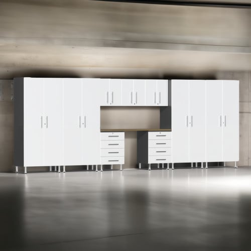 White Modular 10 Piece Garage Cabinet Kit with Bamboo Worktop