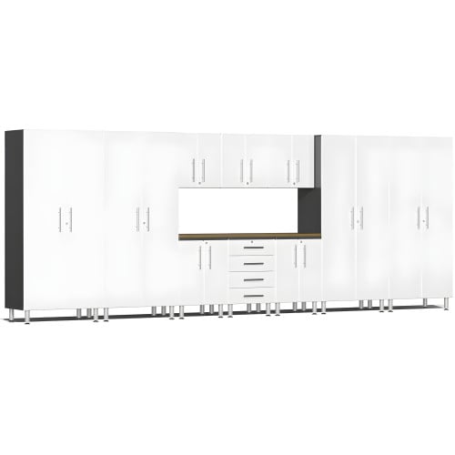 White Modular 11 Piece Garage Cabinet Kit with Bamboo Worktop