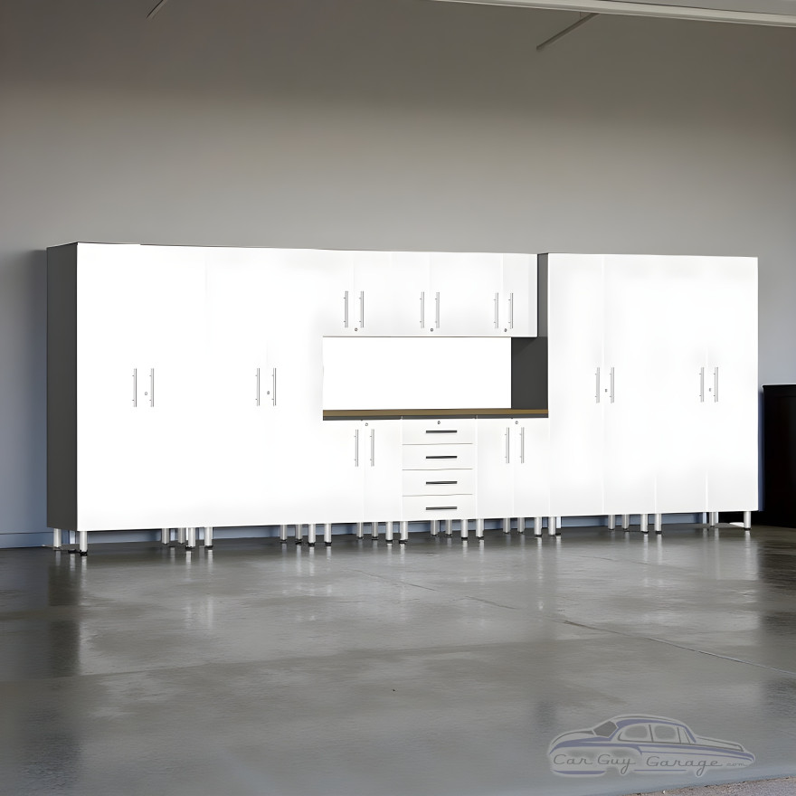 White Modular 11-Piece Garage Cabinet Set with Bamboo Worktop