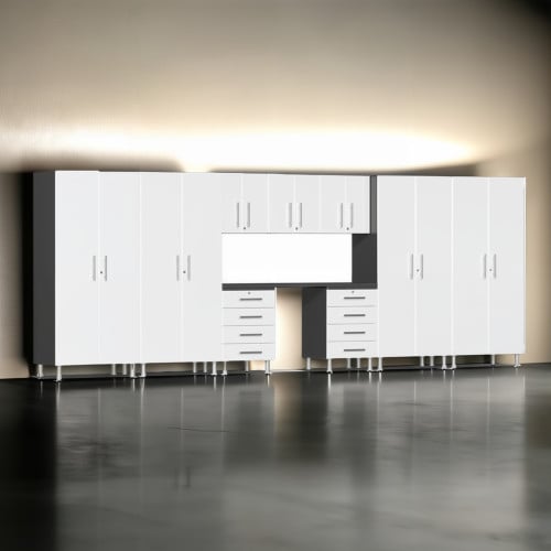 White Modular 10 Piece Garage Cabinet Kit with Recessed Worktop