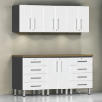 White Modular 7-Piece Garage Cabinet Kit with Bamboo Worktop