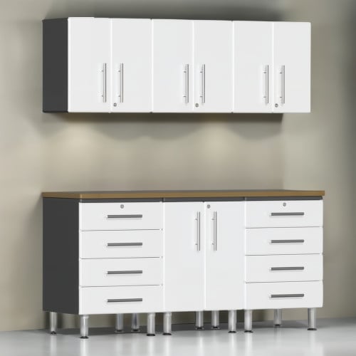 White Modular 7 Piece Garage Cabinet Kit with Bamboo Worktop