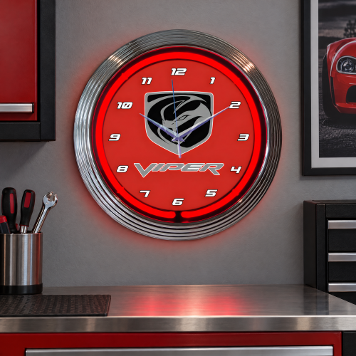 Viper Red Neon Wall Clock - 15 Inch Round Garage Clock