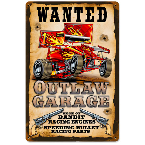 Wanted Outlaw Garage Metal Sign - 12" x 18"
