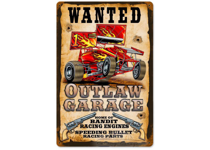 Wanted Outlaw Garage Metal Sign - 12" x 18"