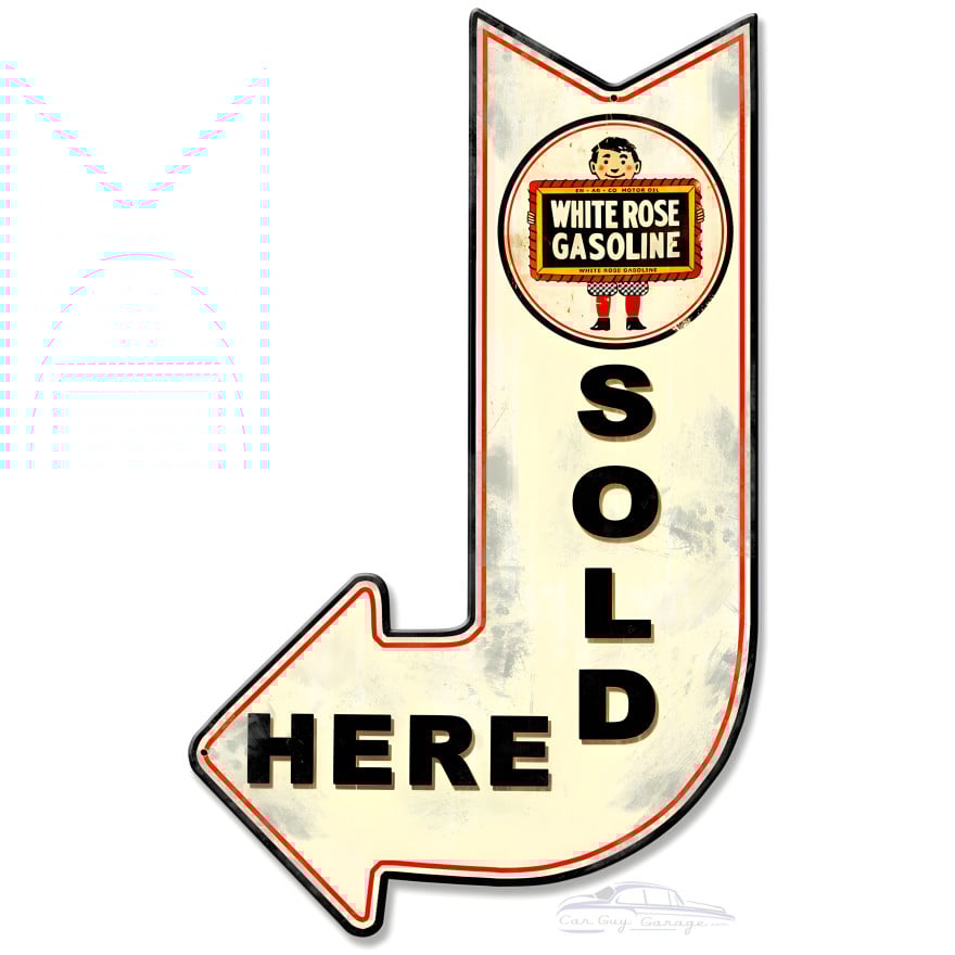 White Rose Sold Here Arrow Metal Sign - 15" x 24"