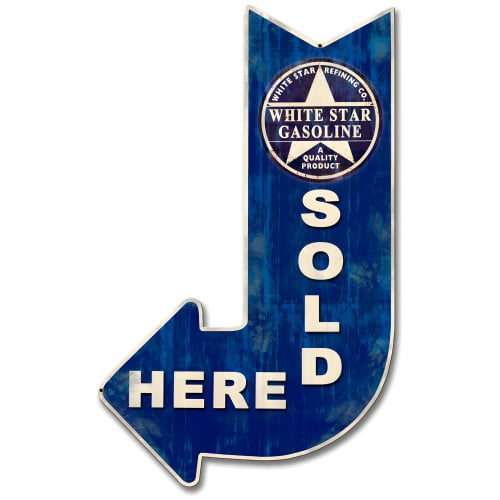 White Star Sold Here Arrow Metal Sign - 15" x 24"