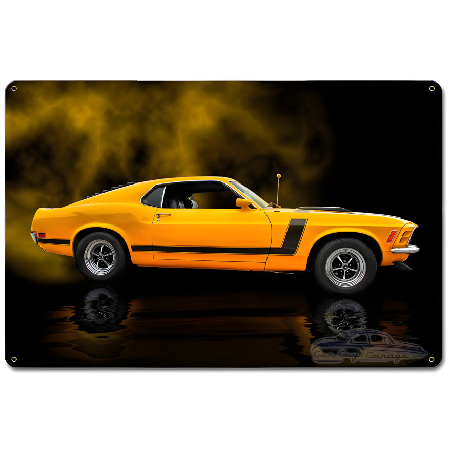 1970 Yellow Mustang Boss 302 Fastback Metal Sign - 18" x 12"