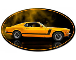 1970 Yellow Mustang Boss 302 Fastback Oval Shape Metal Sign - 24" x 14"