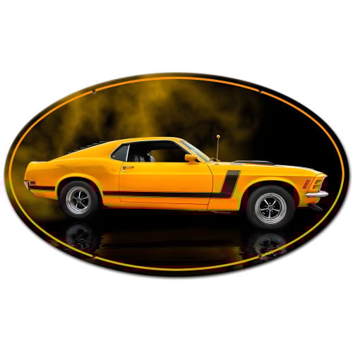 1970 Yellow Mustang Boss 302 Fastback Oval Shape Metal Sign - 24" x 14"