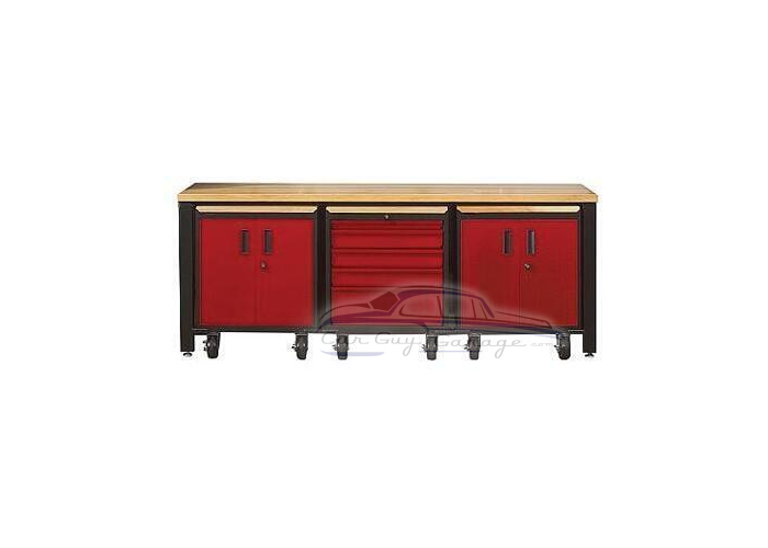 8 Foot Wide Workbench with 2 Steel 2-Door Base Cabinets and 1 Steel Five Drawer Base Cabinet