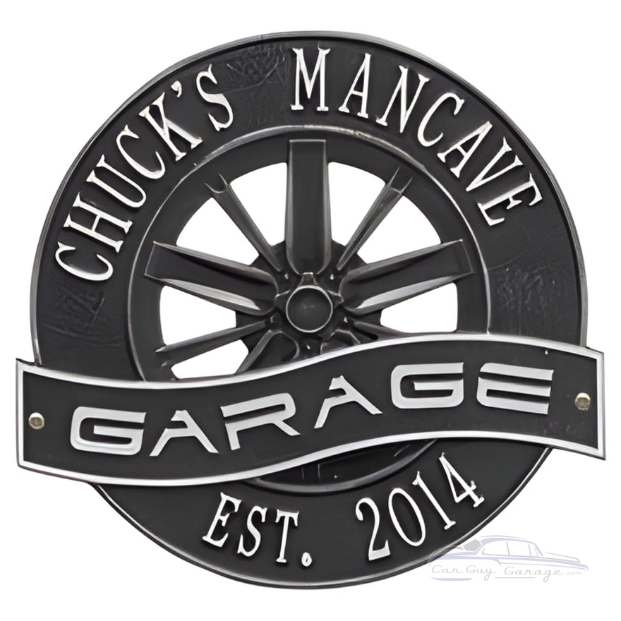 Personalized Cast Aluminum Racing Wheel Garage Plaque Personalized Cast Aluminum Racing Wheel Garage Plaque