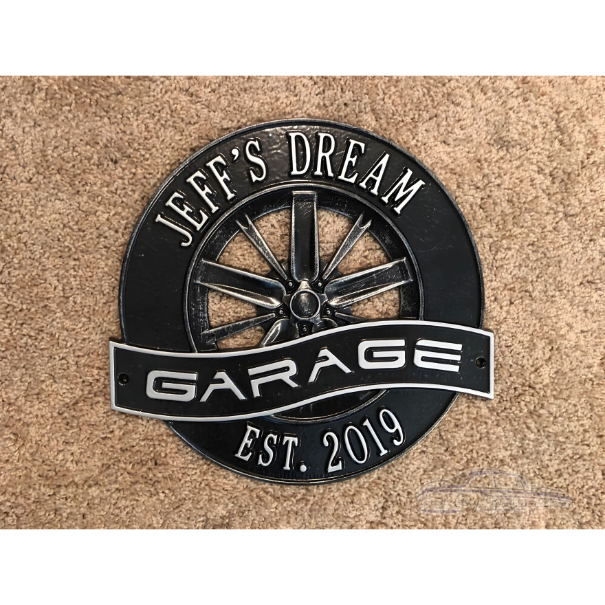 Personalized Cast Aluminum Racing Wheel Garage Plaque Personalized Cast Aluminum Racing Wheel Garage Plaque