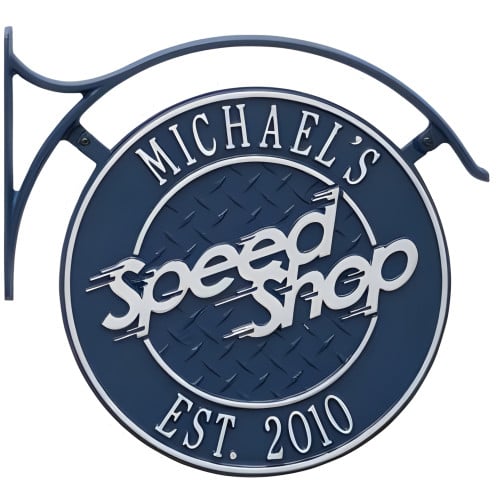 Personalized Aluminum 2 Sided Speed Shop Plaque with Bracket