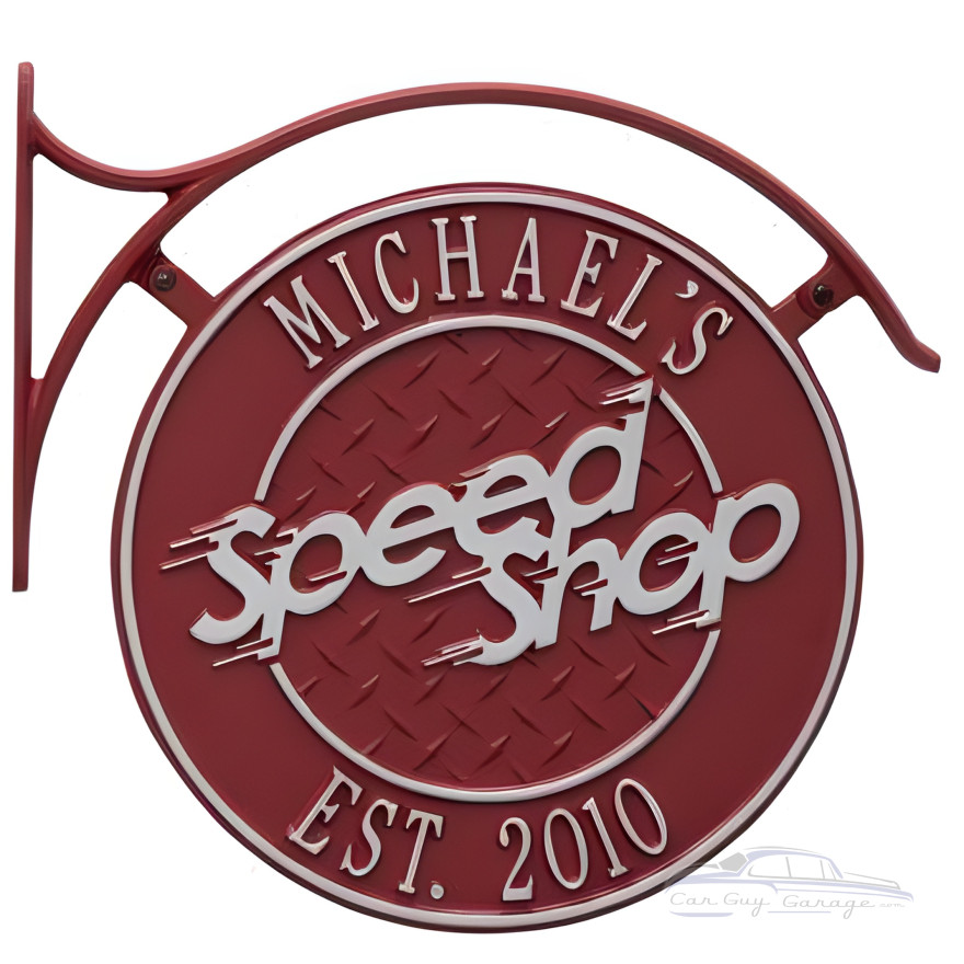 Personalized Aluminum 2 Sided Speed Shop Plaque with Bracket Personalized Aluminum 2 Sided Speed Shop Plaque with Bracket
