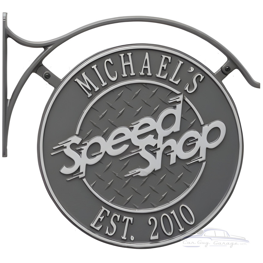 Personalized Aluminum 2 Sided Speed Shop Plaque with Bracket Personalized Aluminum 2 Sided Speed Shop Plaque with Bracket