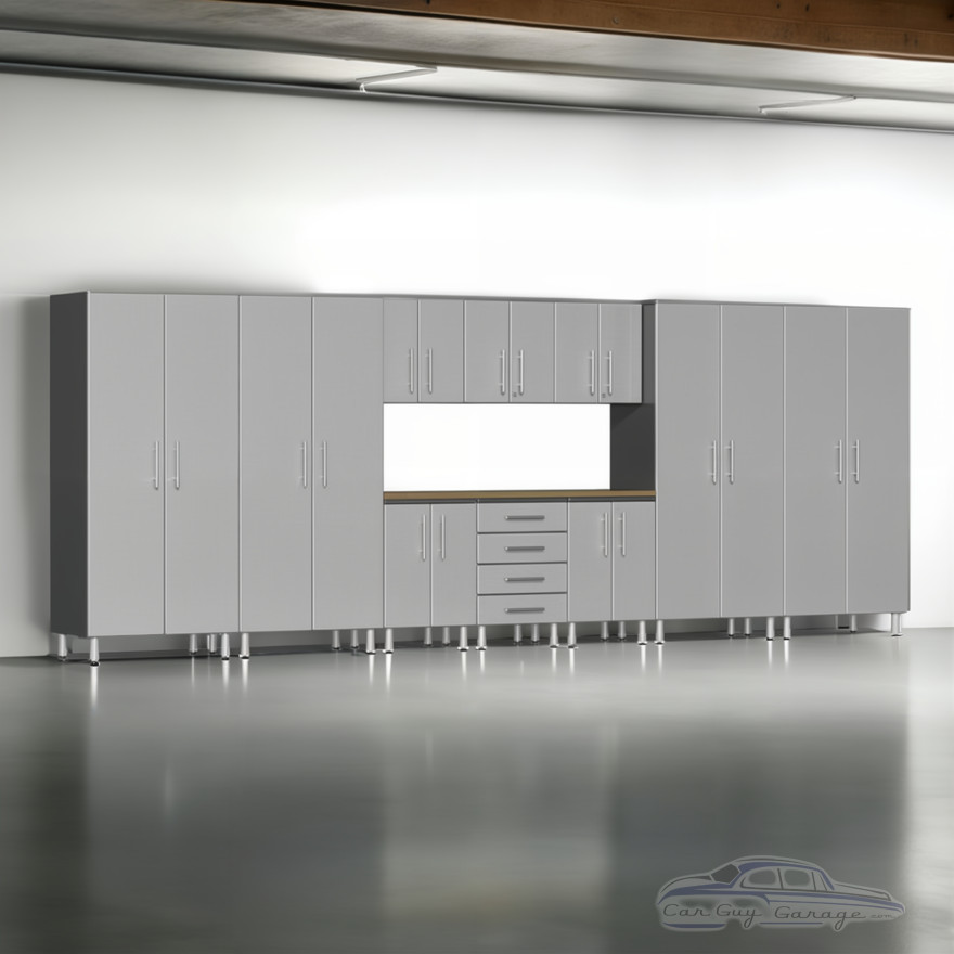 Silver Modular 11 Piece Garage Cabinet Kit with Bamboo Worktop Silver Modular 11 Piece Garage Cabinet Kit with Bamboo Worktop